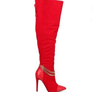 Liliana DA62 Women Velvet Over The Knee Cap Toe Chain Stiletto Boot